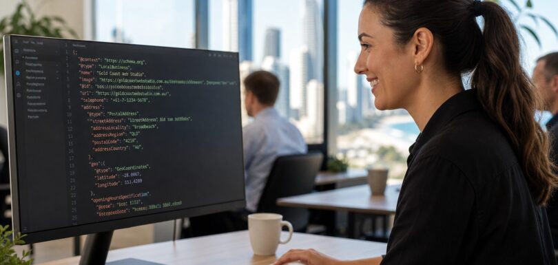 Web developer reviewing schema markup code on a monitor in a modern Australian office