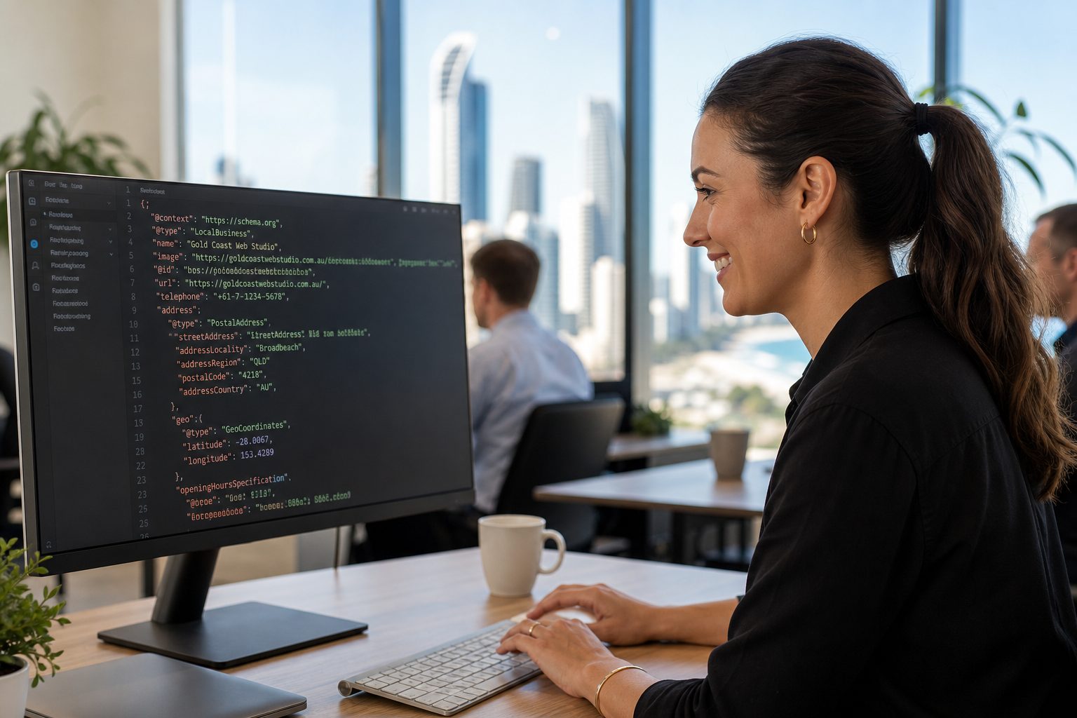 Web developer reviewing schema markup code on a monitor in a modern Australian office