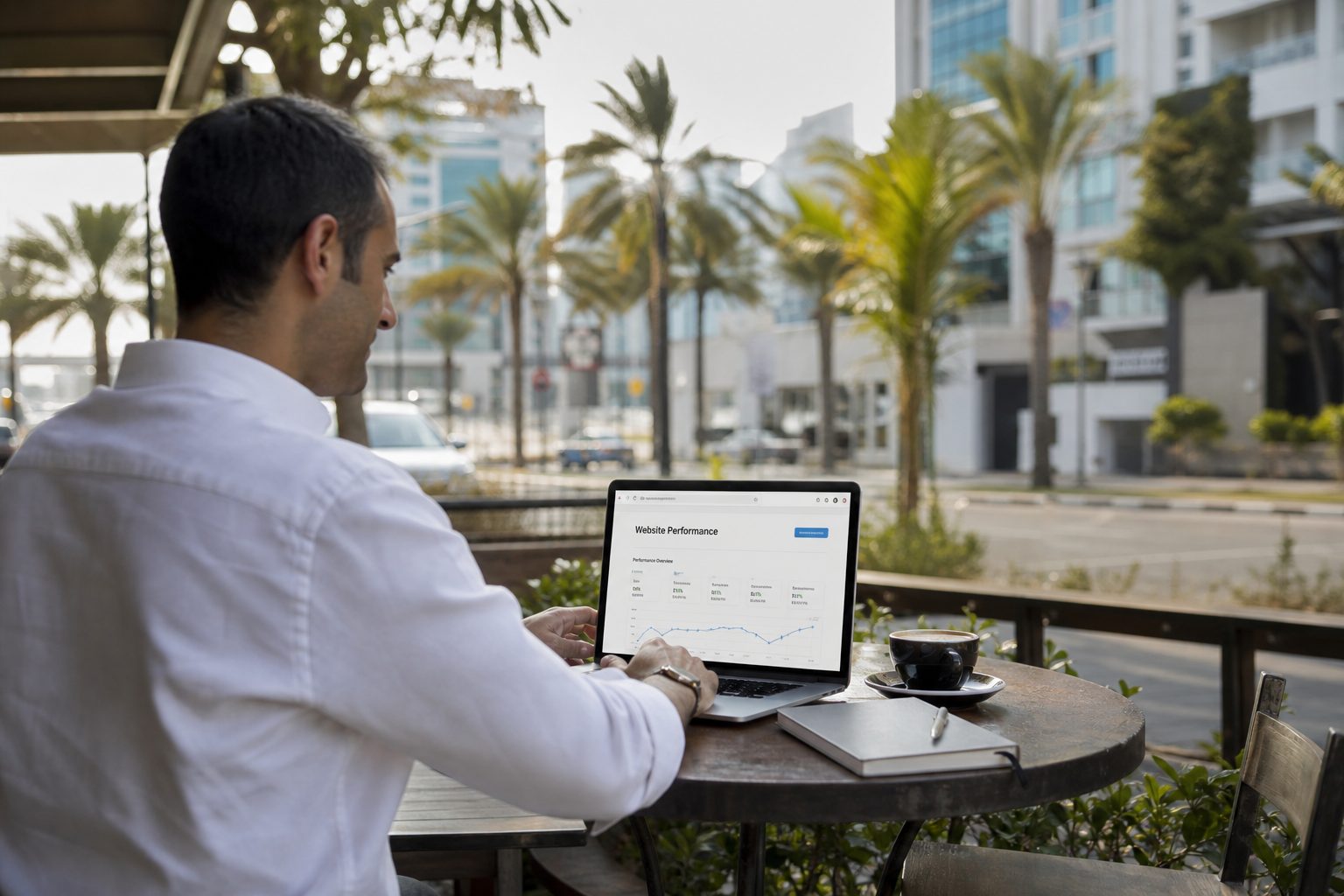 Business owner reviewing website performance at an outdoor cafe