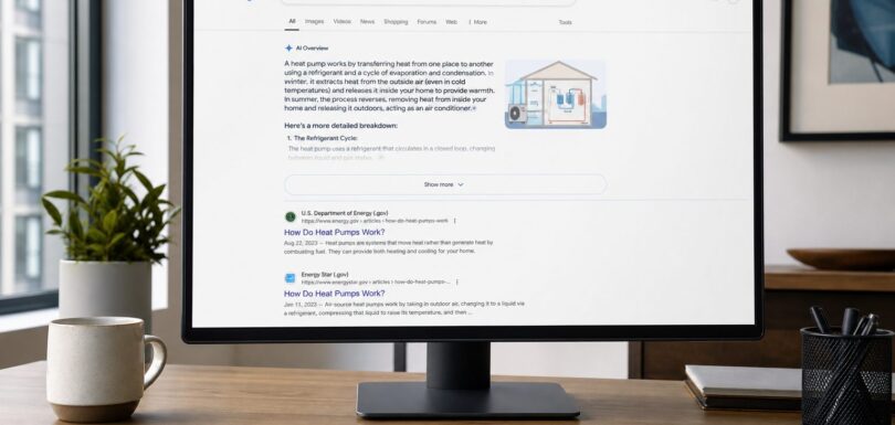 Google search results page showing an AI Overviews panel on a computer monitor in a modern office