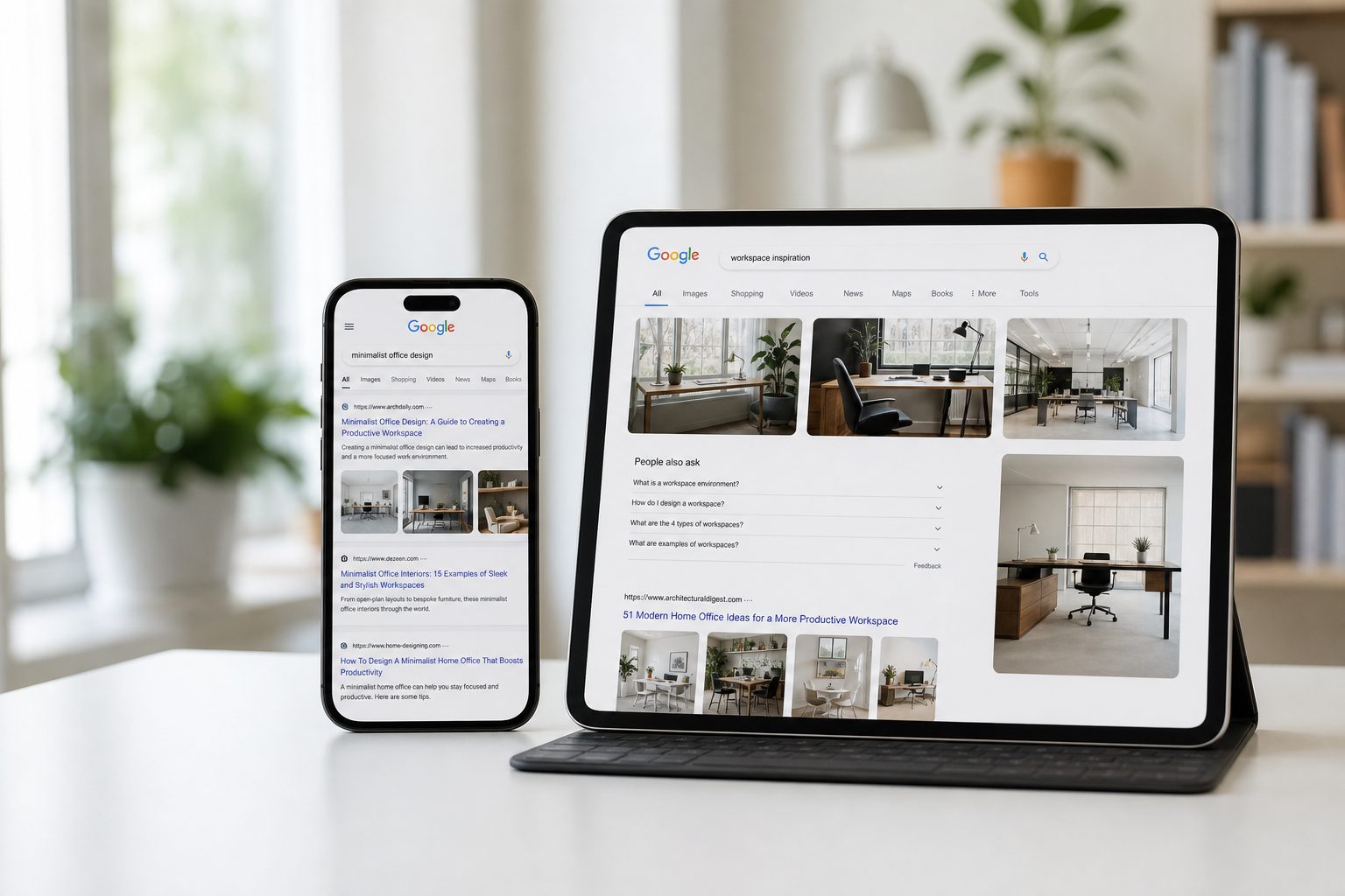 Smartphone and tablet showing search engine results pages on a modern office desk