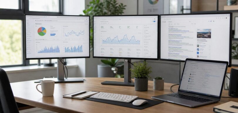 Modern digital marketing workspace with analytics dashboards and search engine results pages