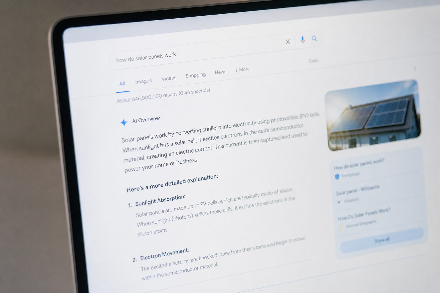 Computer screen showing AI search results and Google AI Overviews