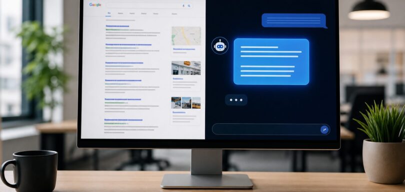 Traditional SEO vs AI SEO comparison — digital workspace with search engine and AI interface
