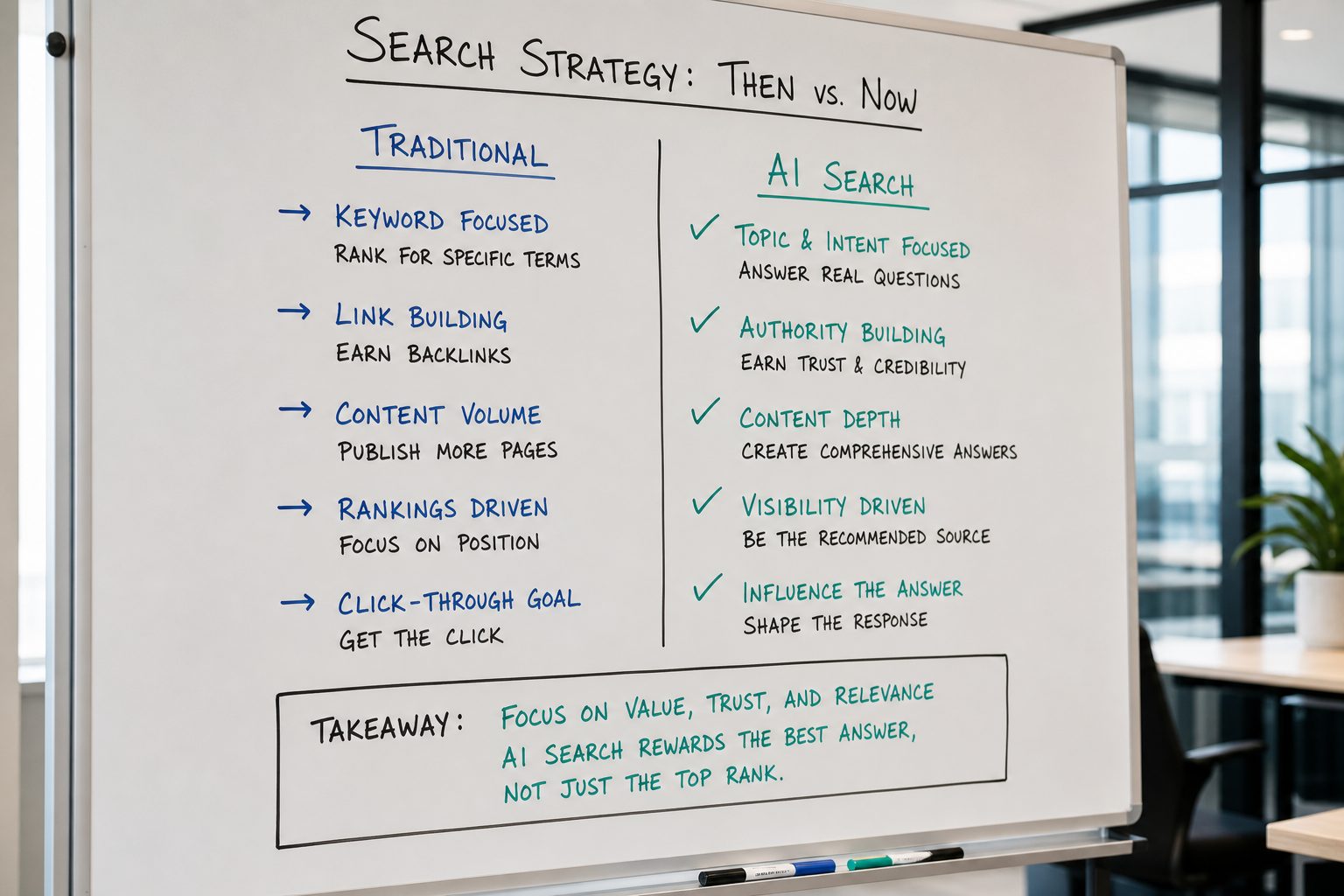 Traditional vs AI SEO strategy comparison on whiteboard