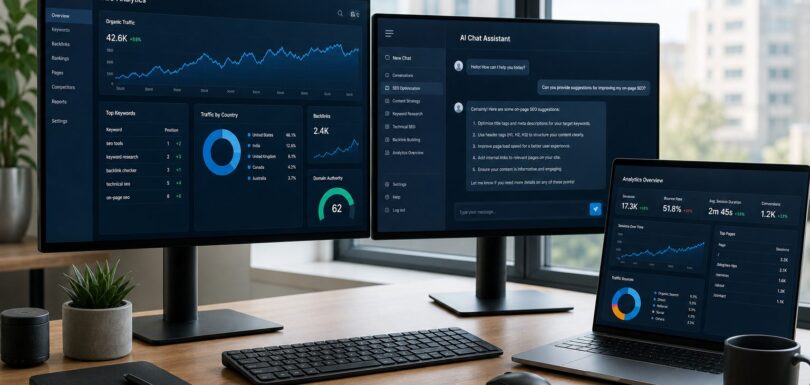 AI SEO tools dashboard on multiple monitors in a modern Australian office