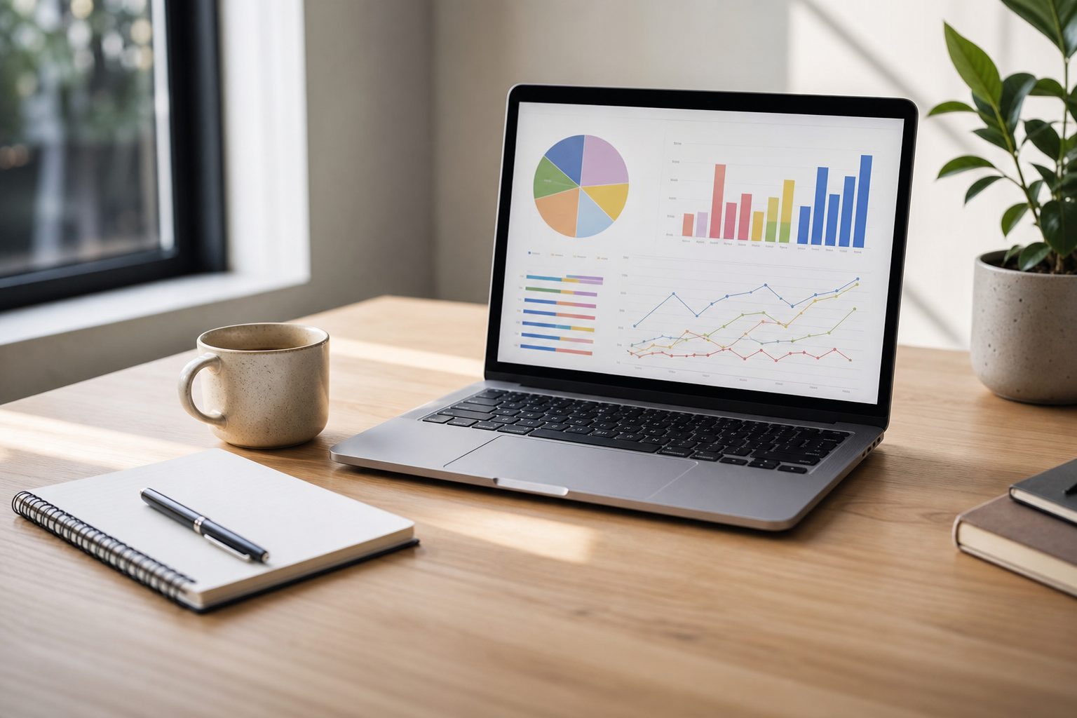 Laptop showing SEO analytics charts on a modern workspace desk