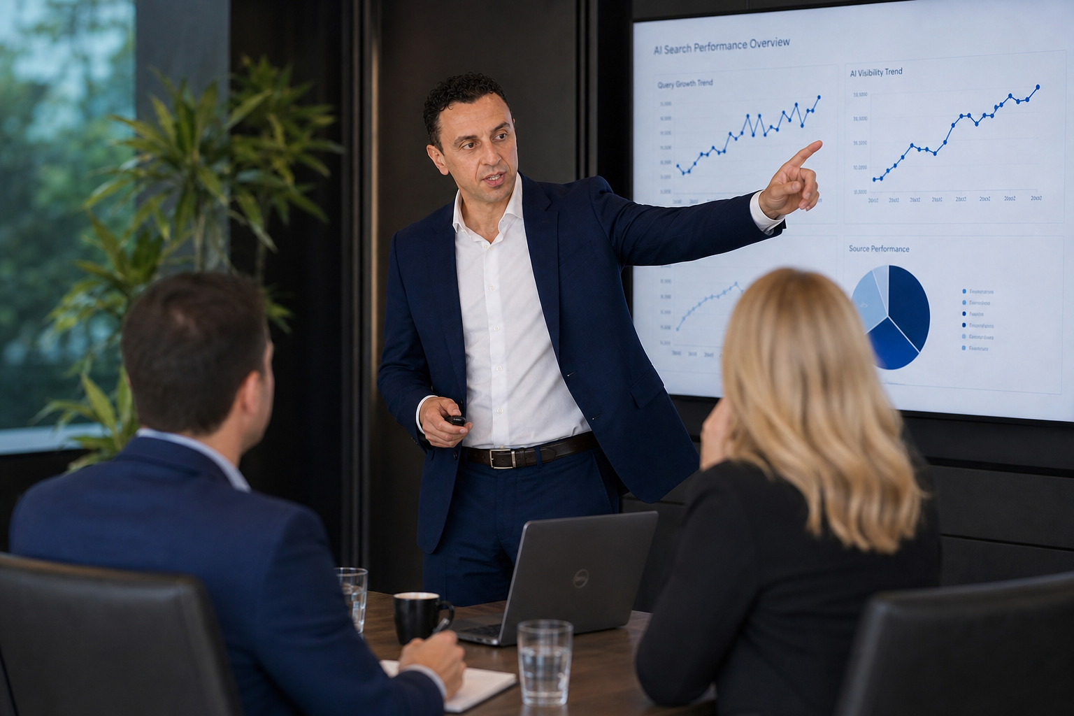 Richie Zengoski presenting AI search strategy in a modern boardroom