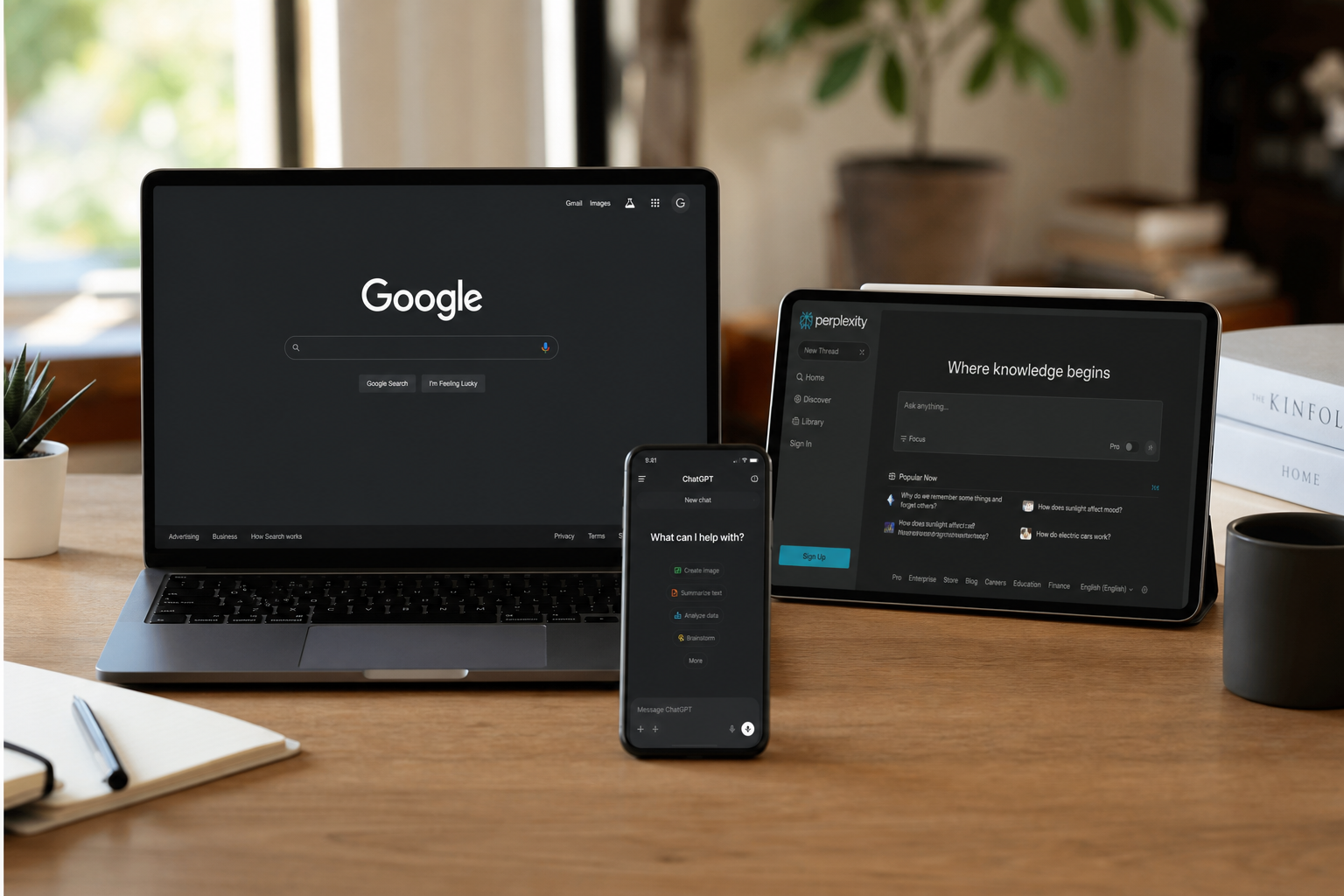 Multiple devices showing AI search platforms including Google, Perplexity and ChatGPT