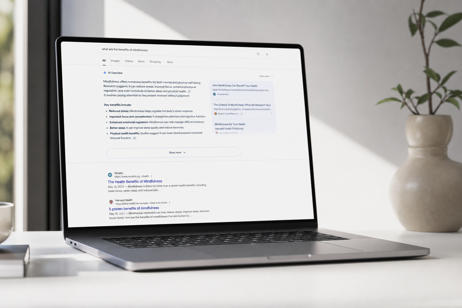 Laptop displaying AI search results and Google AI Overviews interface