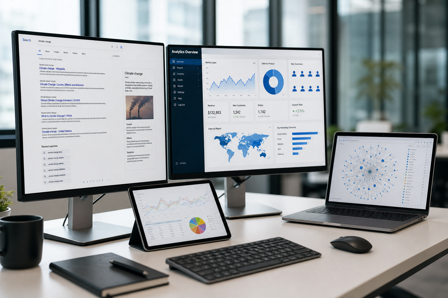 Multiple screens displaying AI search results and web analytics dashboards