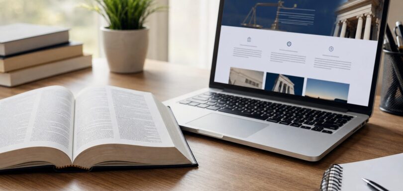 Open reference book and laptop on a clean desk — AI SEO glossary concept