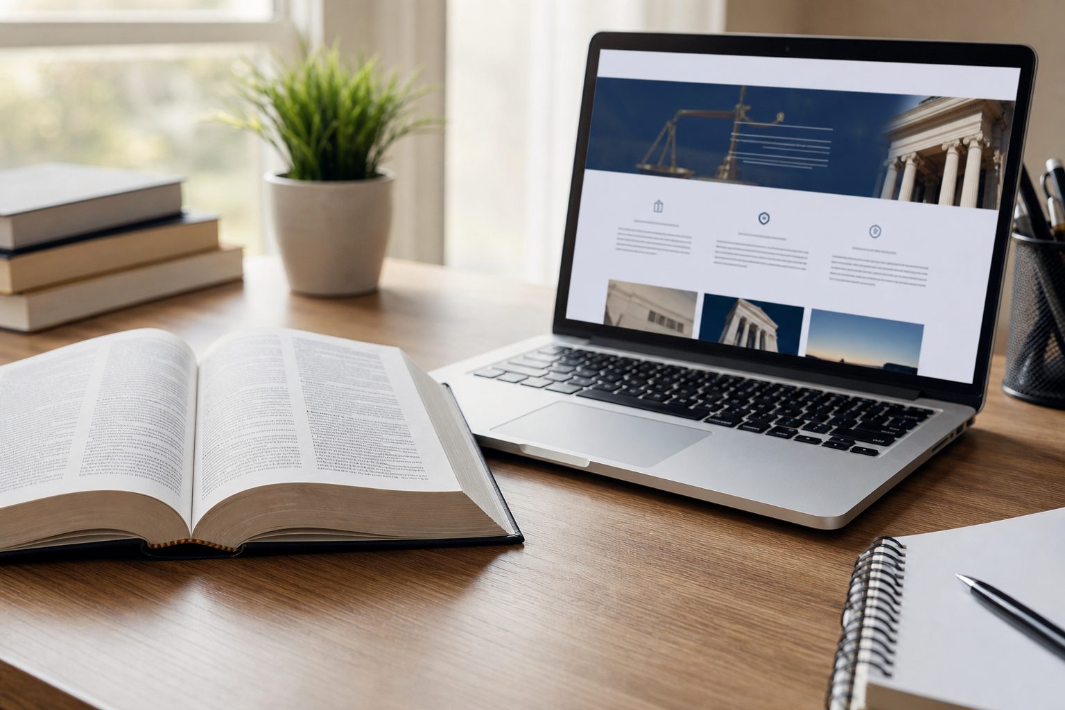 Open reference book and laptop on a clean desk — AI SEO glossary concept