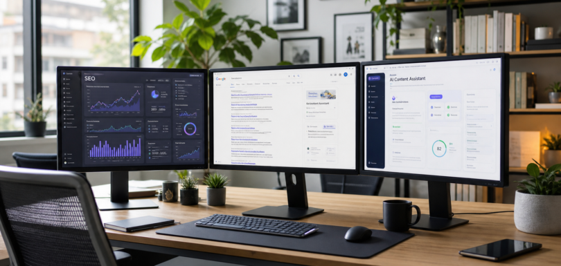 Three monitors showing SEO analytics, search results, and AI search tools in a modern digital marketing workspace