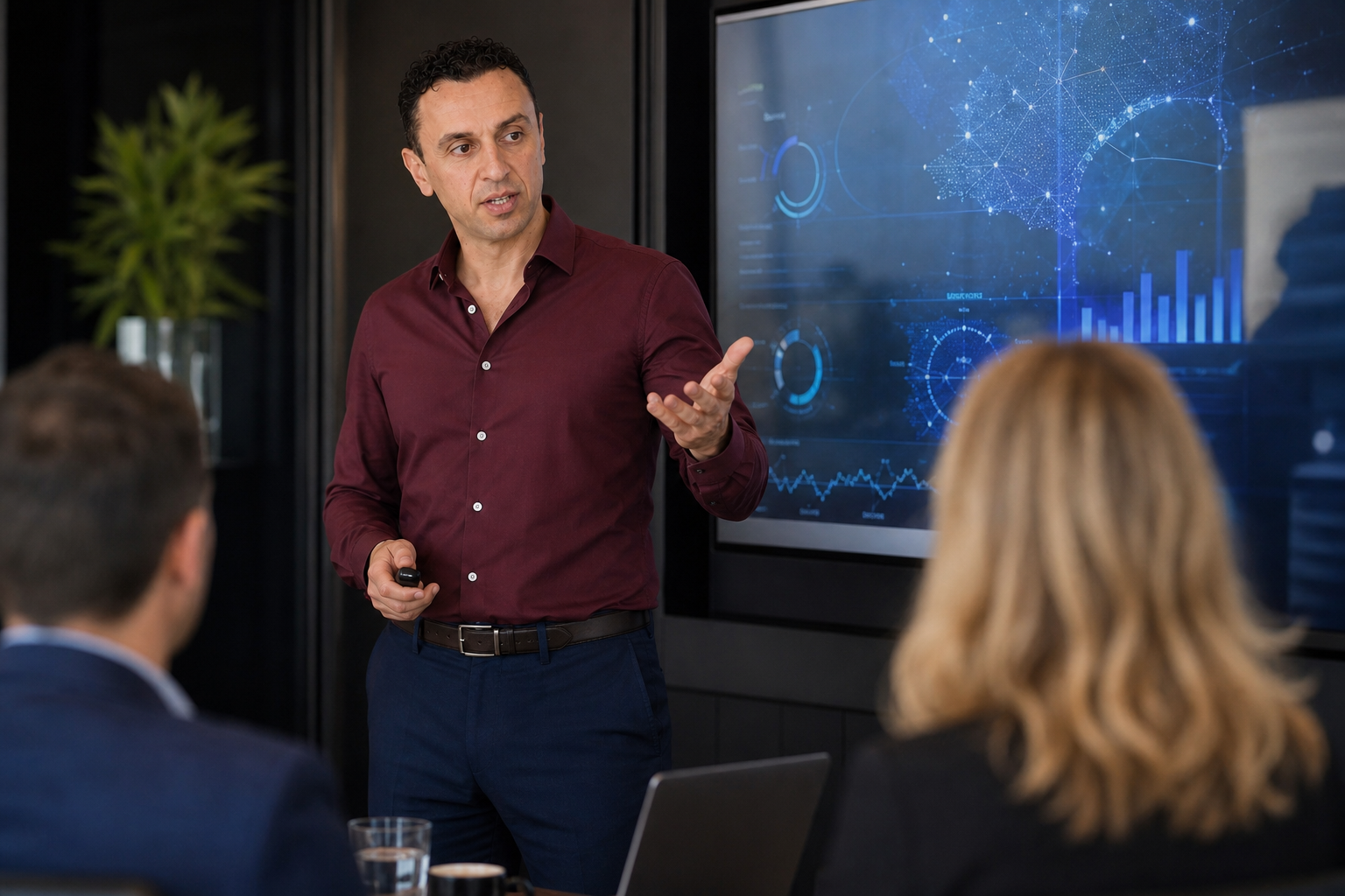 Richie Zengoski presenting a digital search strategy on a boardroom screen at Titan Blue