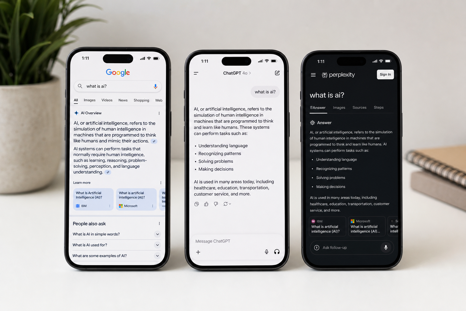 Three smartphones displaying Google, ChatGPT, and Perplexity AI search interfaces side by side