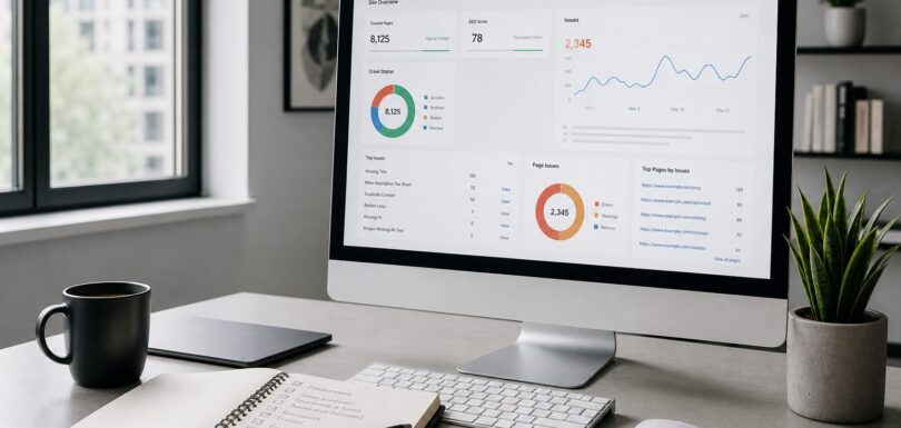 Modern office workspace displaying website analytics and AI readiness audit results