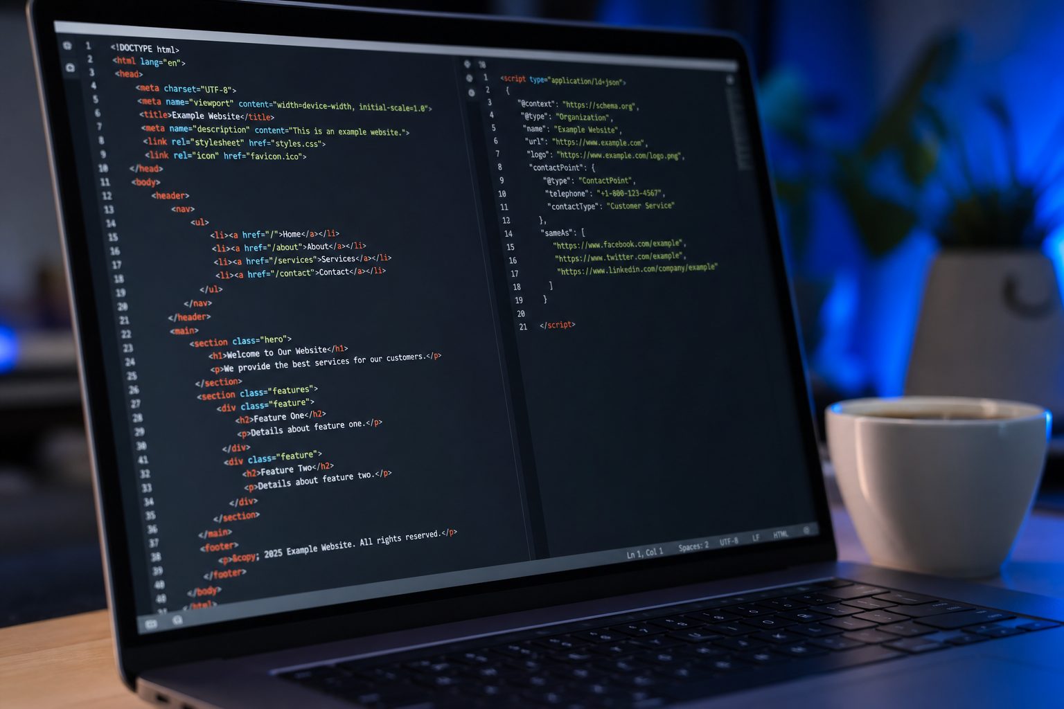 Laptop screen showing website structured data and schema markup code