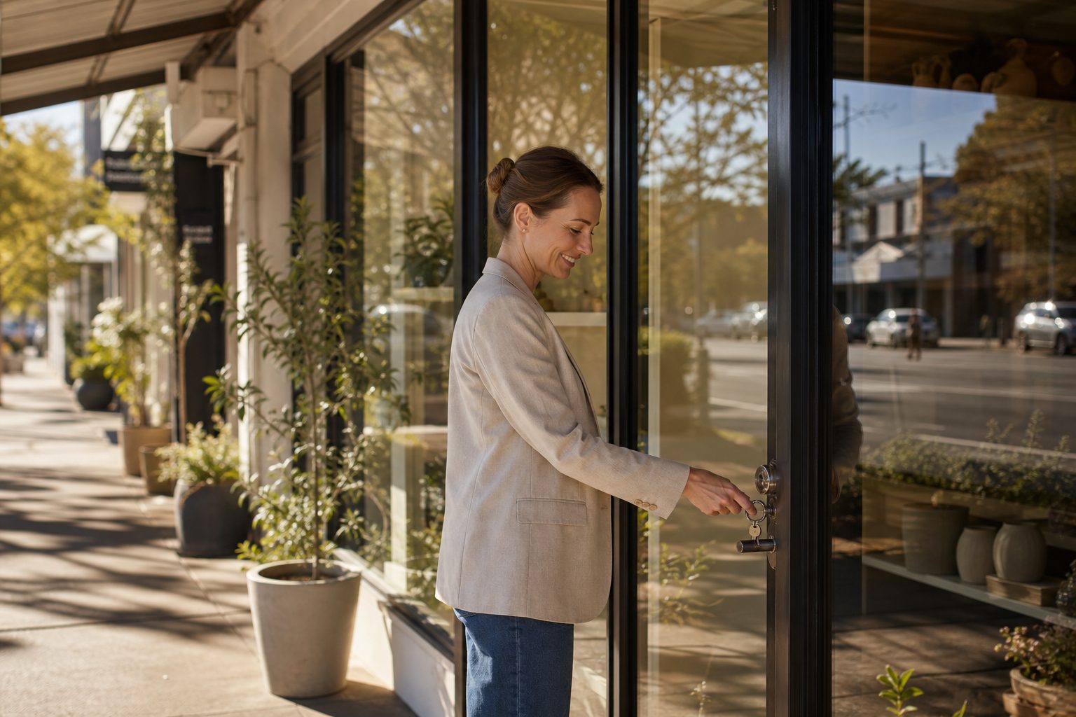 Australian business owner at modern retail shopfront representing local AI search visibility