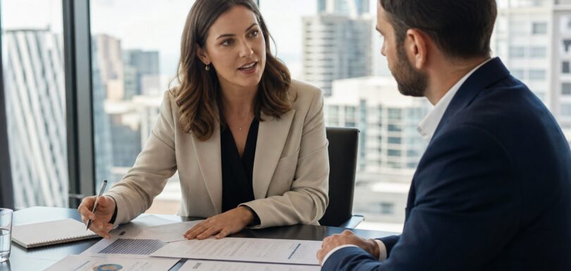 Business consultant presenting AI search strategy to client in modern Australian office boardroom