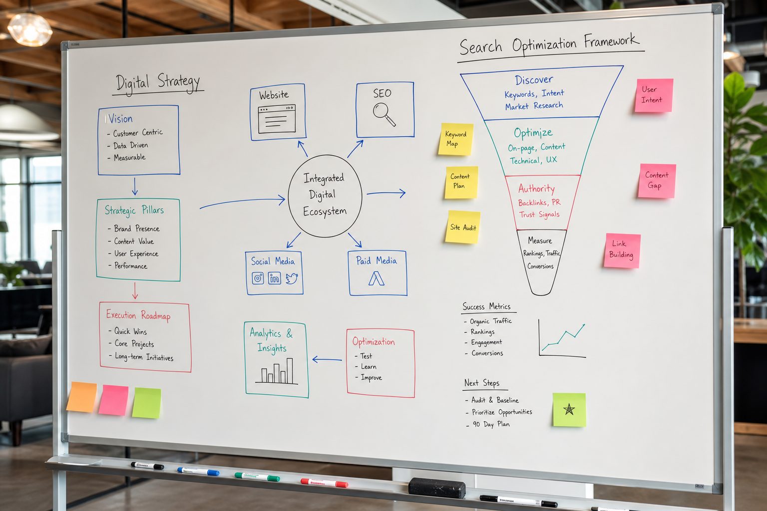 AI search optimisation strategy framework on whiteboard