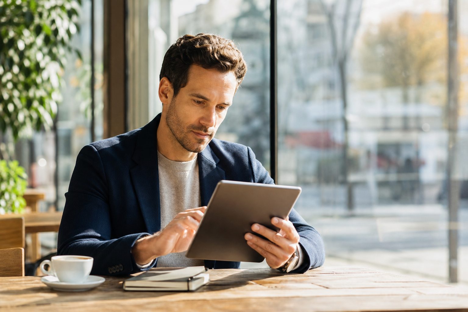 Business professional reviewing website analytics on a tablet at a modern cafe