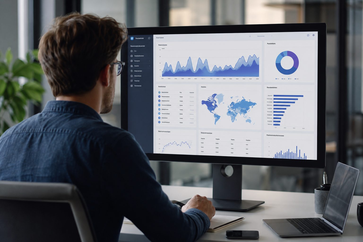 Marketing professional reviewing AI search citation analytics dashboard