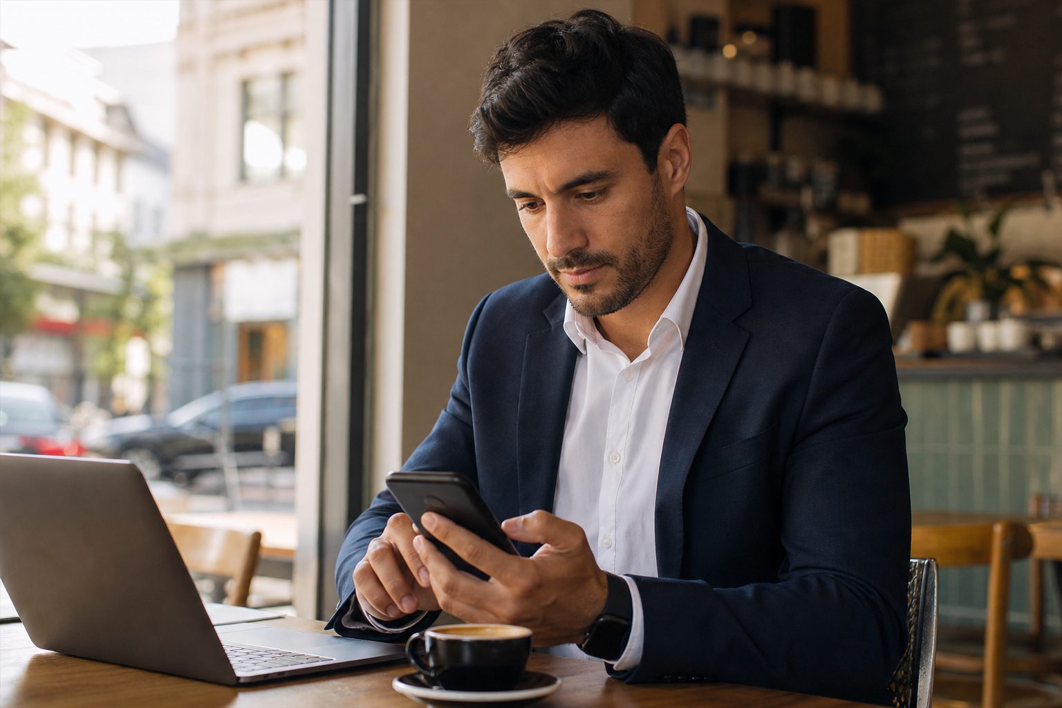Business person reviewing AI search results on a smartphone in an Australian cafe