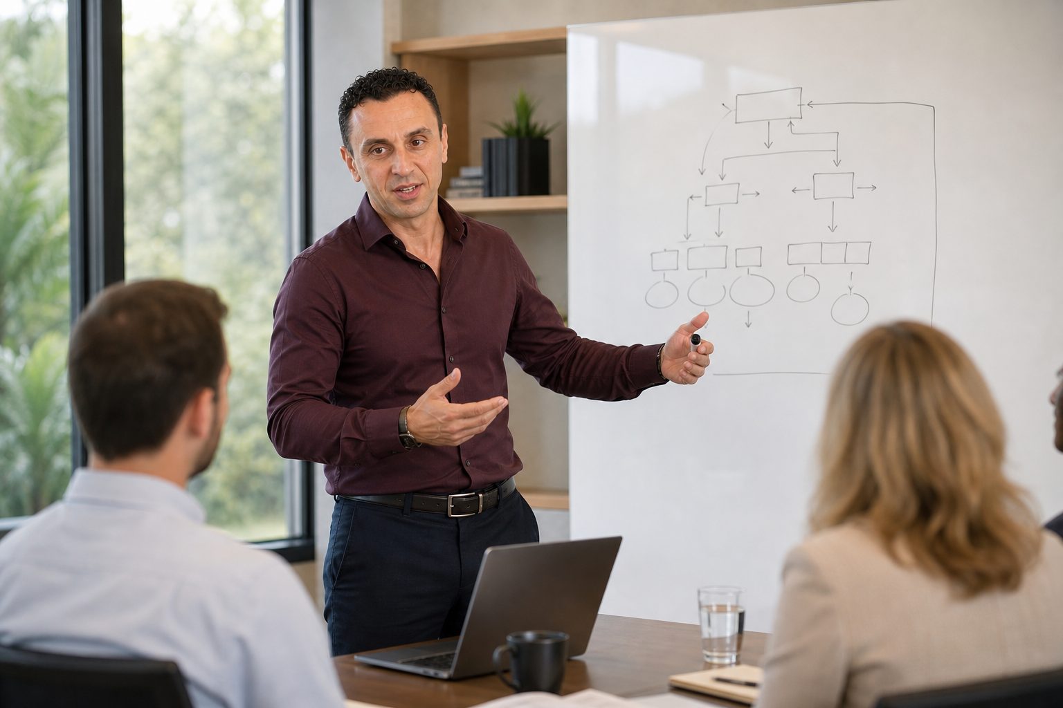Richie Zengoski presenting AI visibility optimisation strategy on whiteboard at Titan Blue