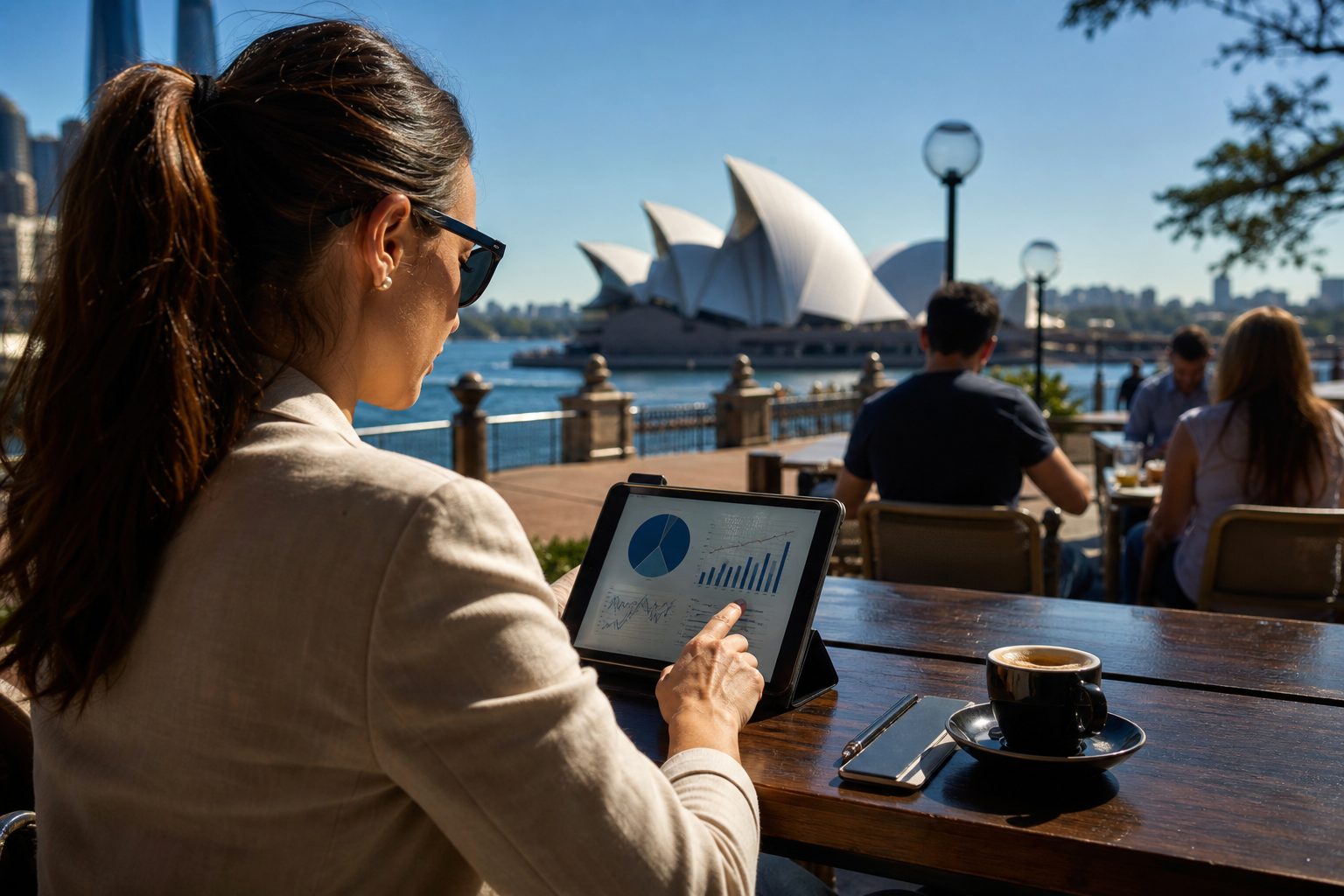 Business owner reviewing AI search analytics on tablet at outdoor cafe in Australia