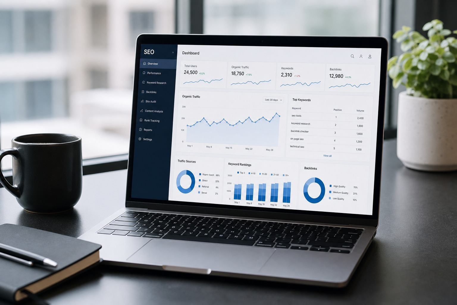 SEO analytics dashboard showing organic traffic, keyword rankings, and backlinks