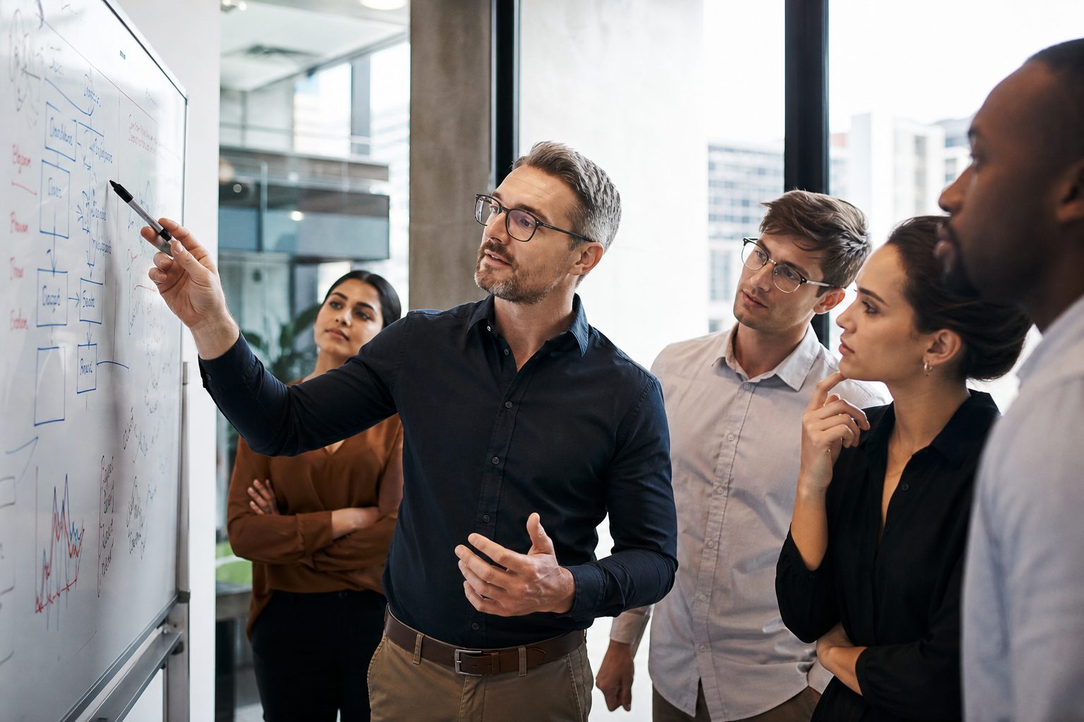 Australian business team collaborating on AI search strategy at a whiteboard