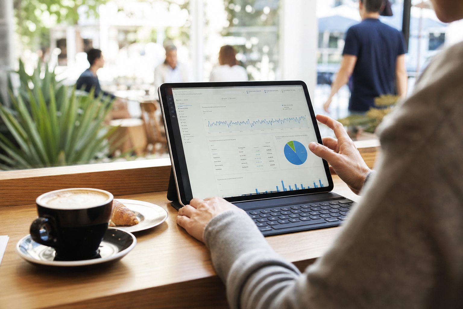 Business owner reviewing AI search analytics on a tablet