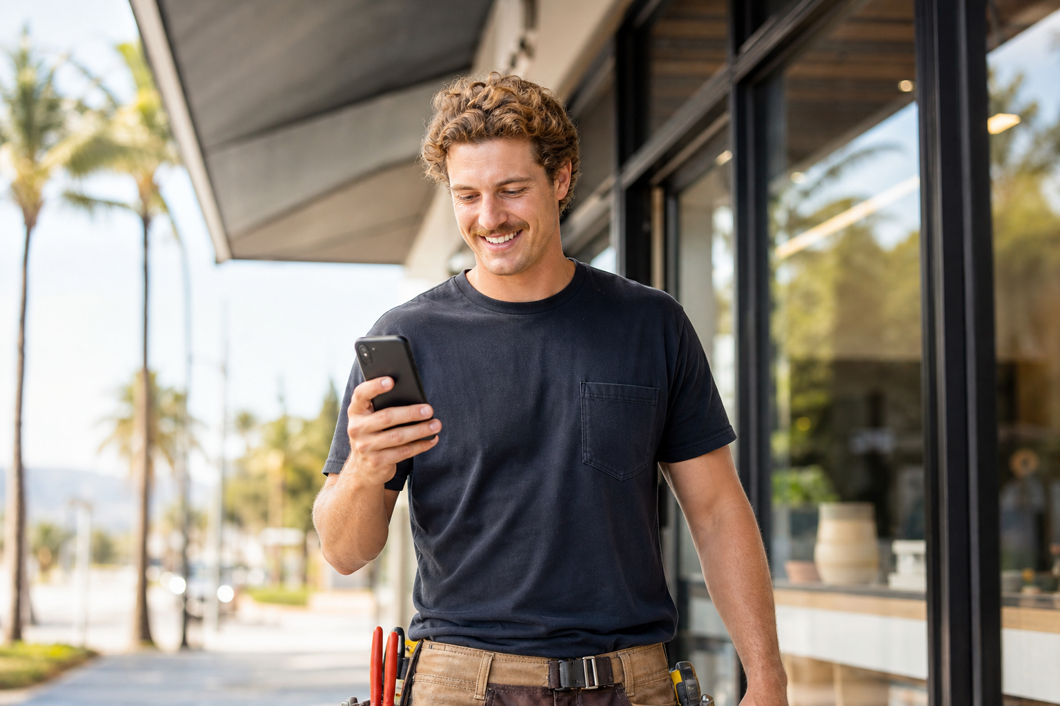 Gold Coast tradesperson checking a booking confirmation on a smartphone outside a Burleigh Heads shopfront