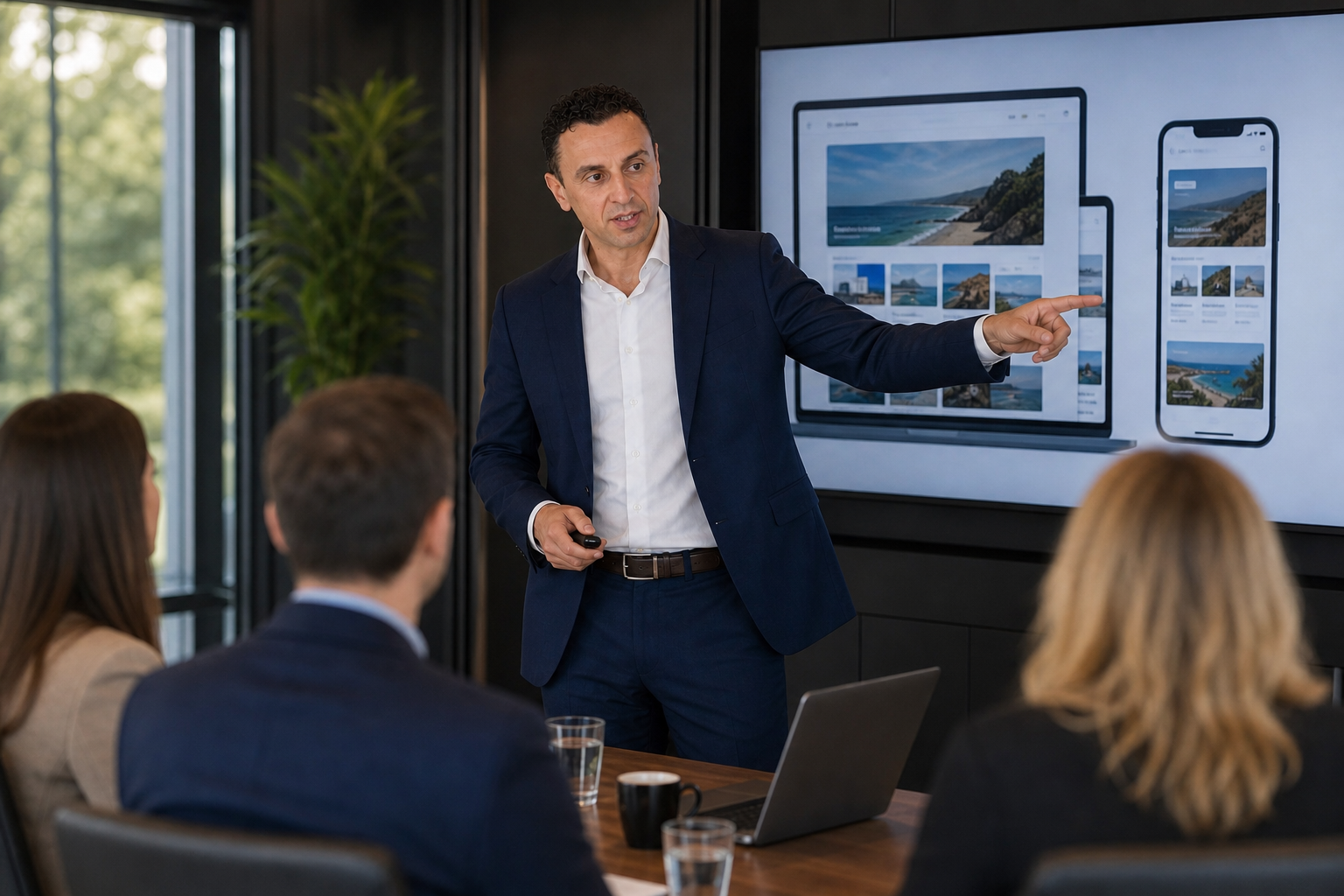 Richie Zengoski presenting a responsive website design across devices in a Titan Blue boardroom meeting