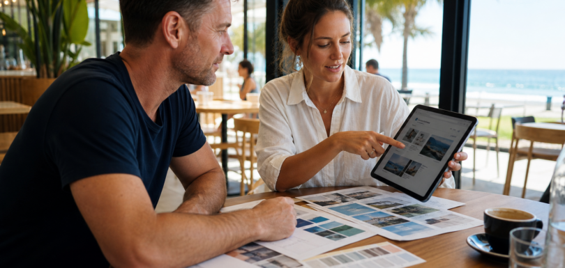 Business owner and web designer reviewing website mockups together at a Broadbeach cafe