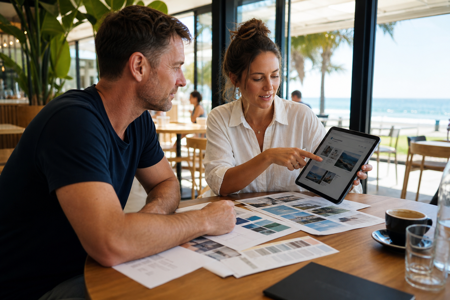 Business owner and web designer reviewing website mockups together at a Broadbeach cafe