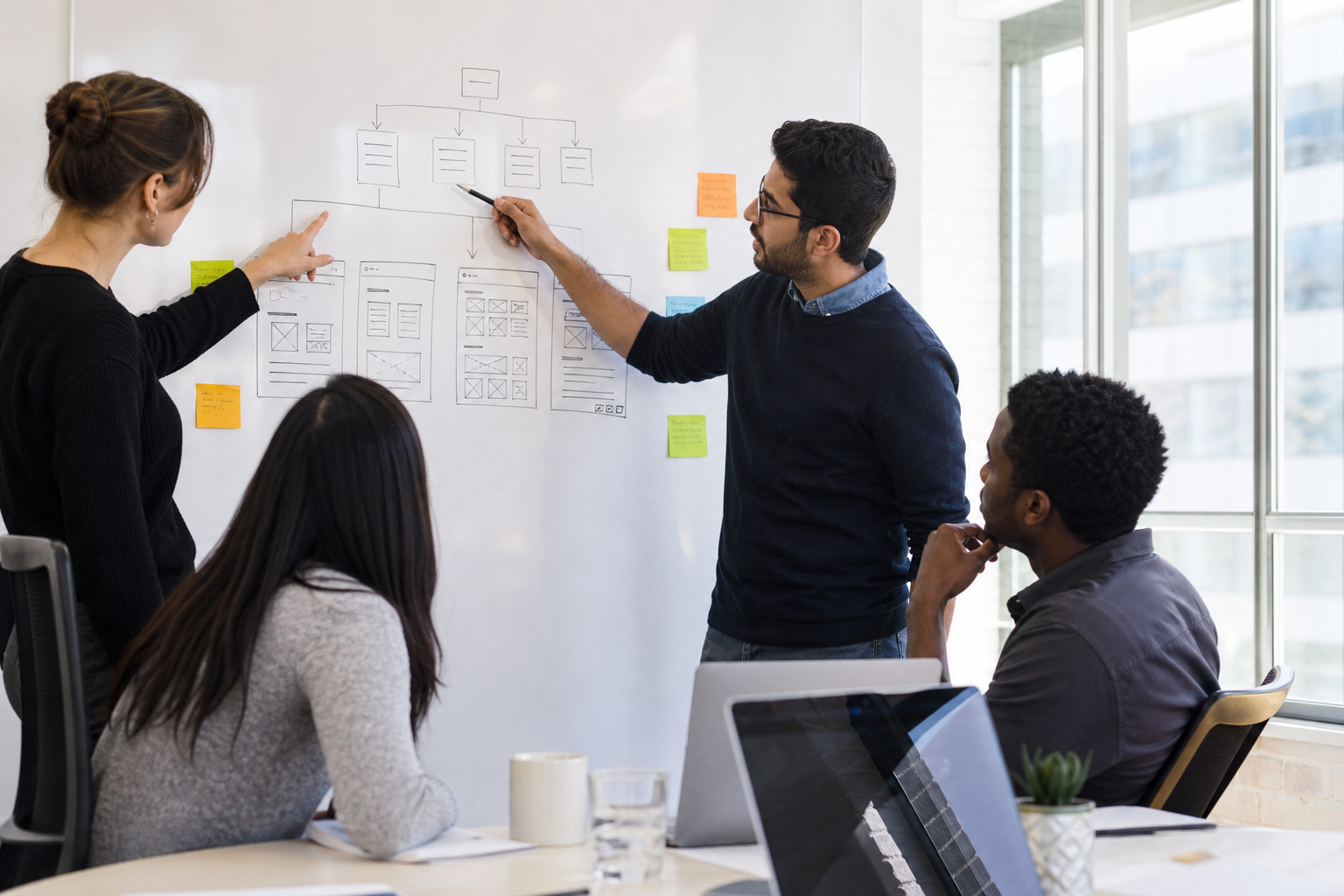 Creative team planning a website sitemap and wireframes on a whiteboard