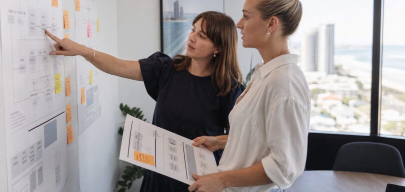 Business owner and web strategist reviewing a website sitemap on a whiteboard