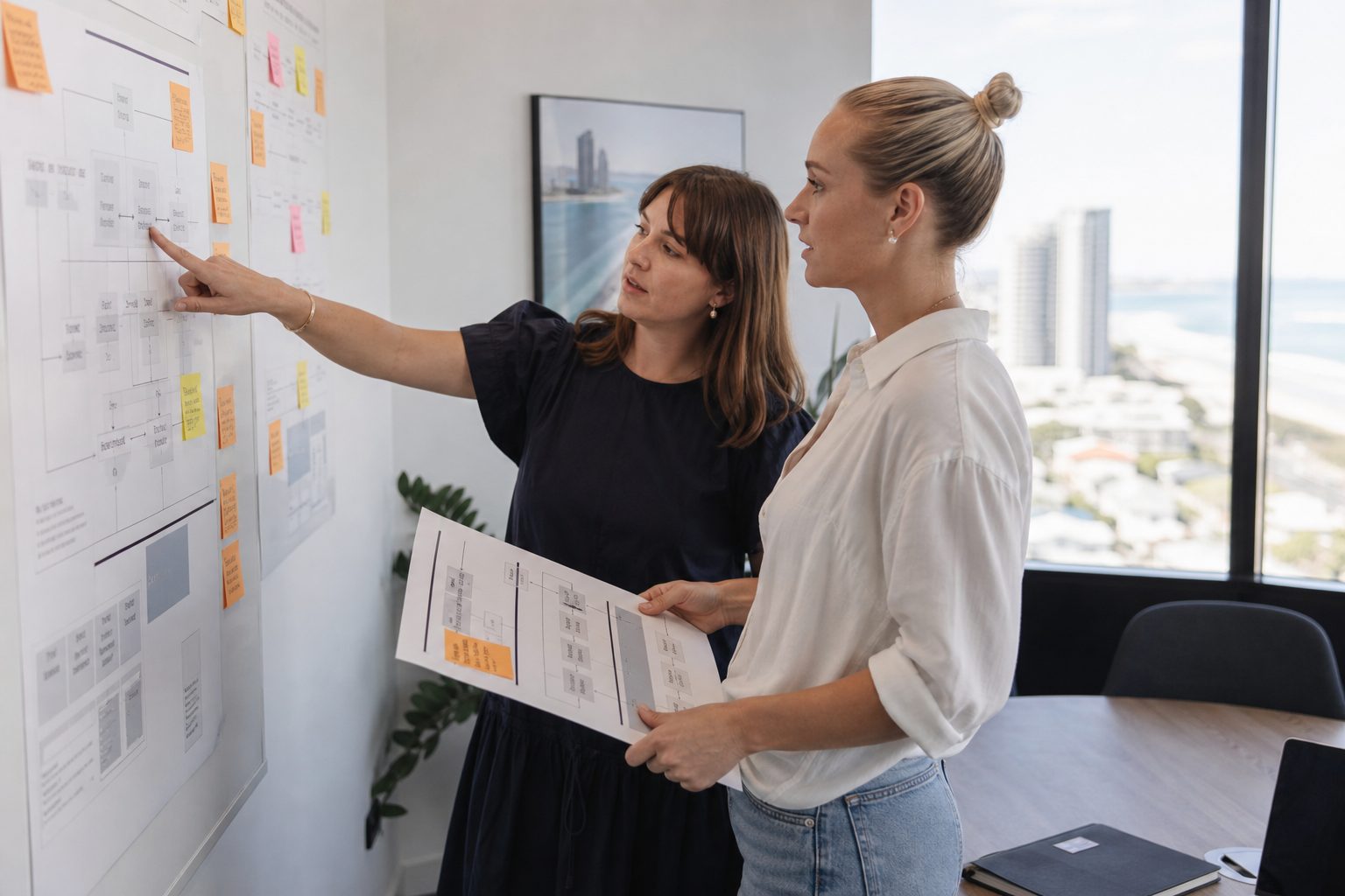 Business owner and web strategist reviewing a website sitemap on a whiteboard
