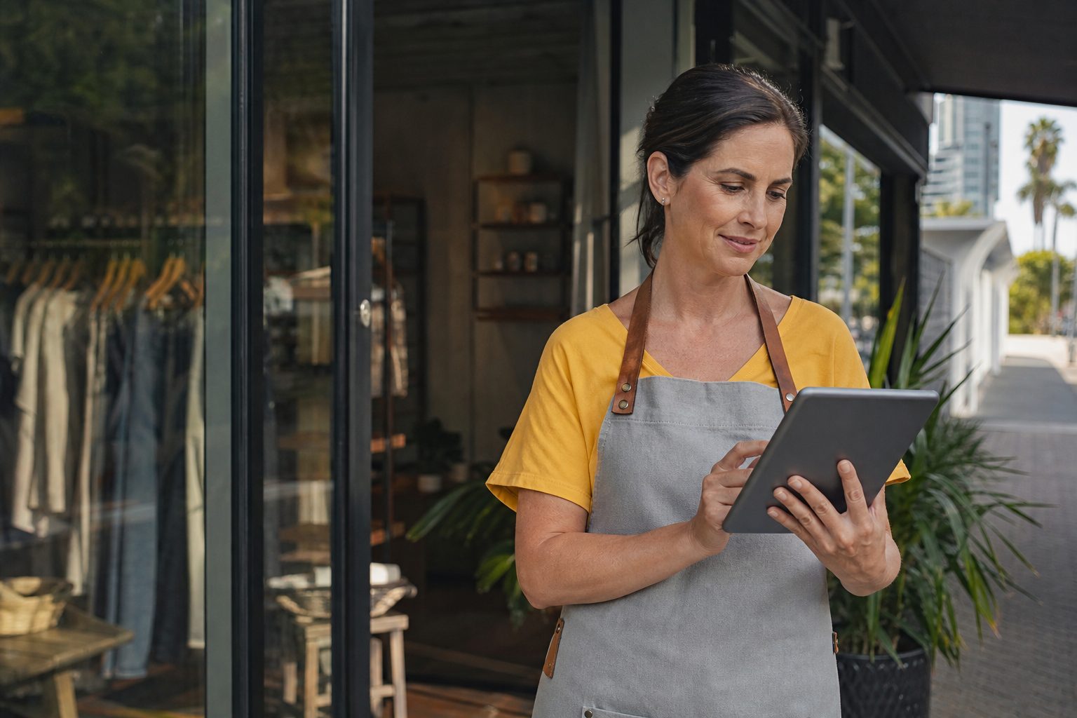 Small business owner checking her business listing on a tablet outside her shopfront