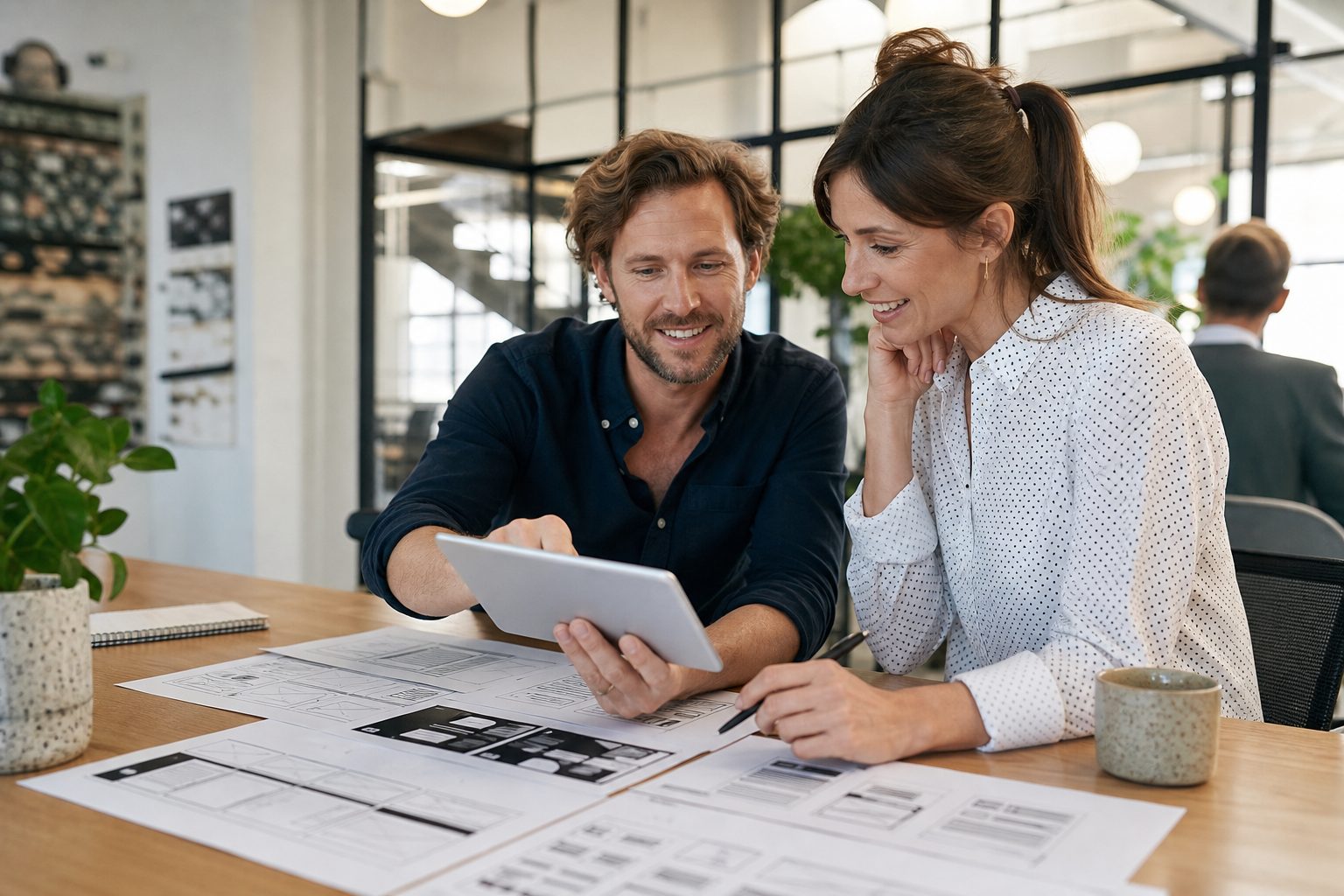 Two Gold Coast business owners reviewing AI friendly website wireframes on a tablet