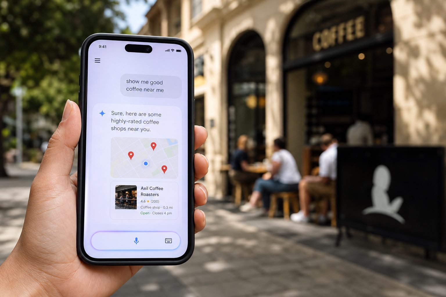 Smartphone showing an AI assistant recommending a local business near a Gold Coast cafe