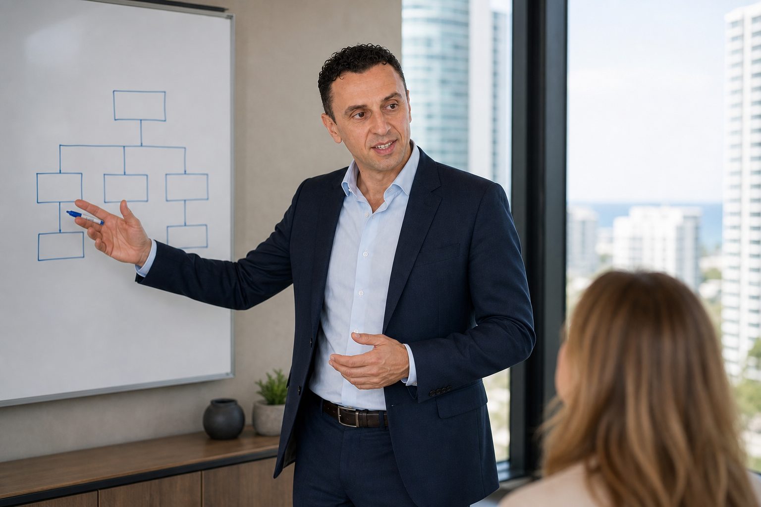 Titan Blue strategist explaining an AI friendly website structure diagram to a client in Broadbeach