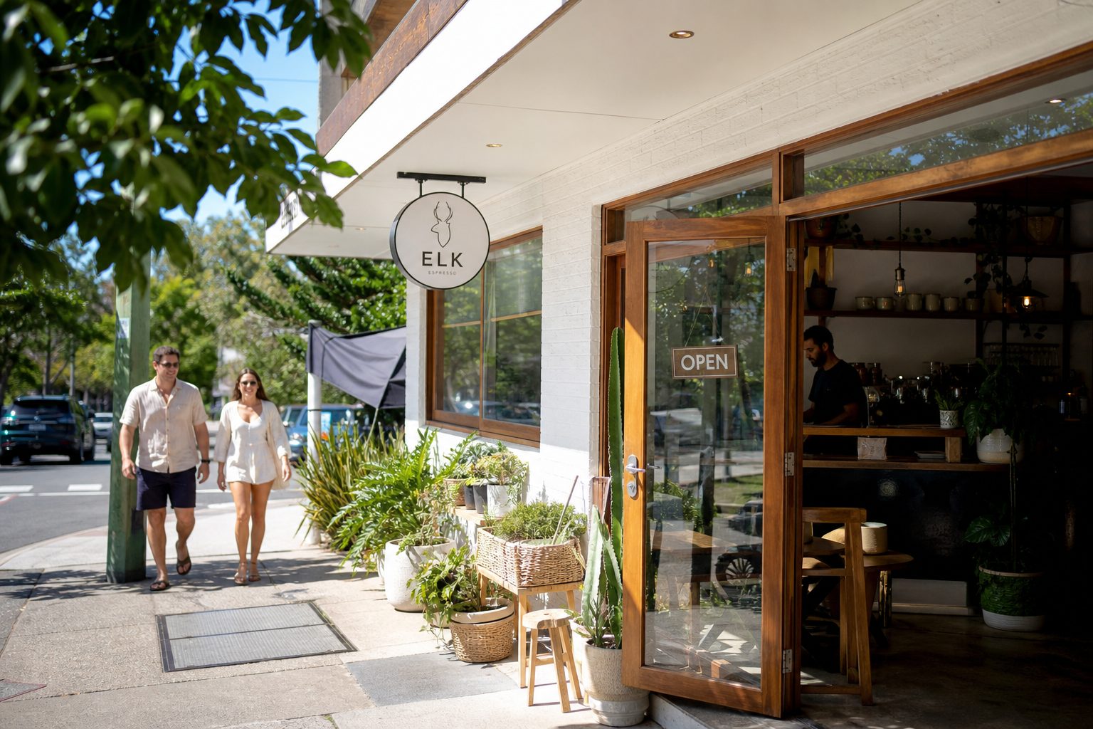 Australian small business cafe shopfront on a Gold Coast street with clear signage