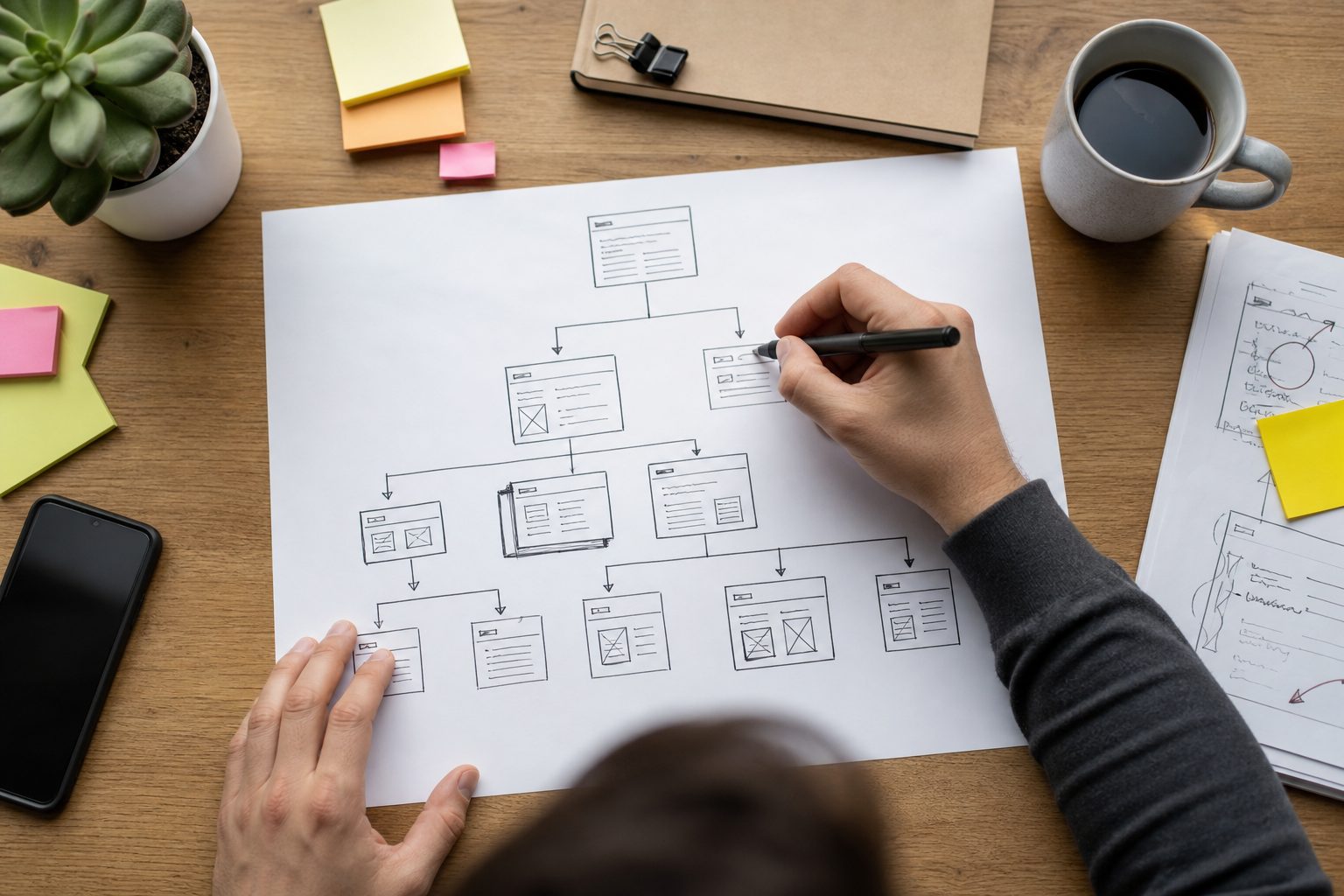 Web strategist hand-sketching an AI friendly website site map and content structure