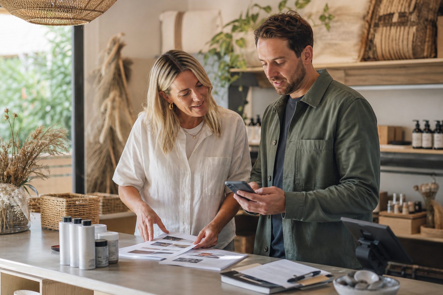 Business owners reviewing ecommerce website information