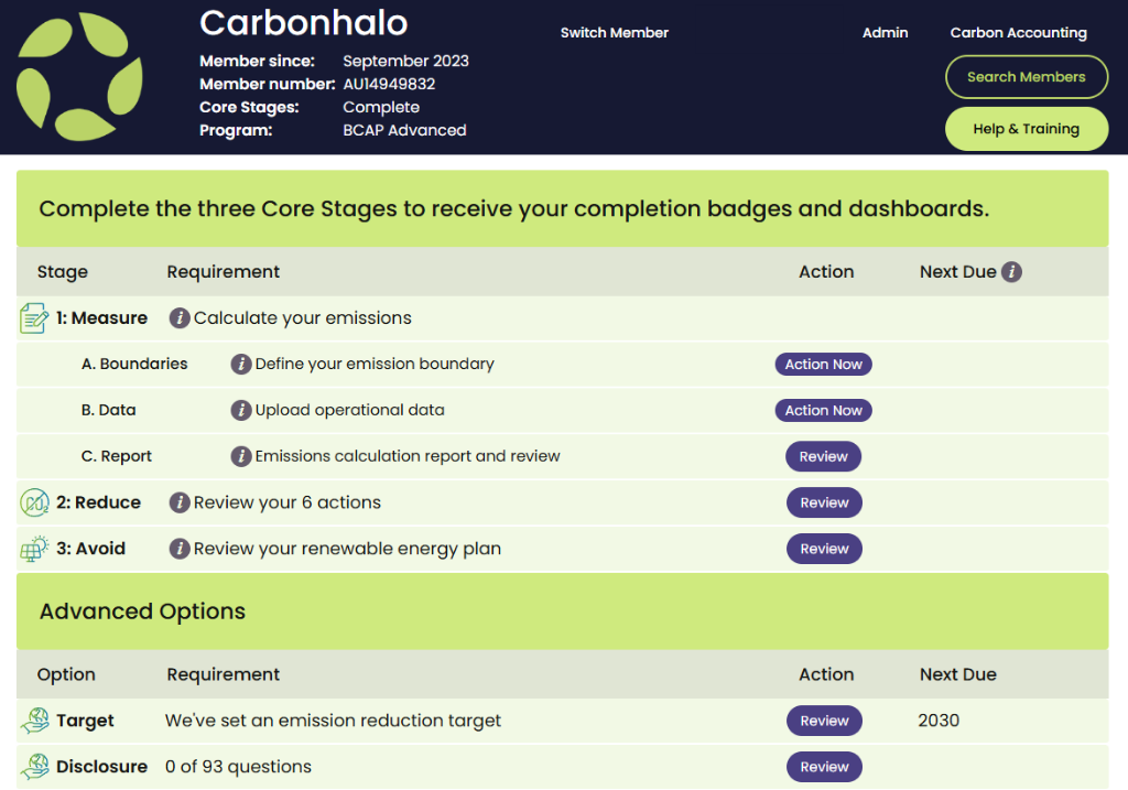 CarbonHalo compliance dashboard for AASB S2 reporting