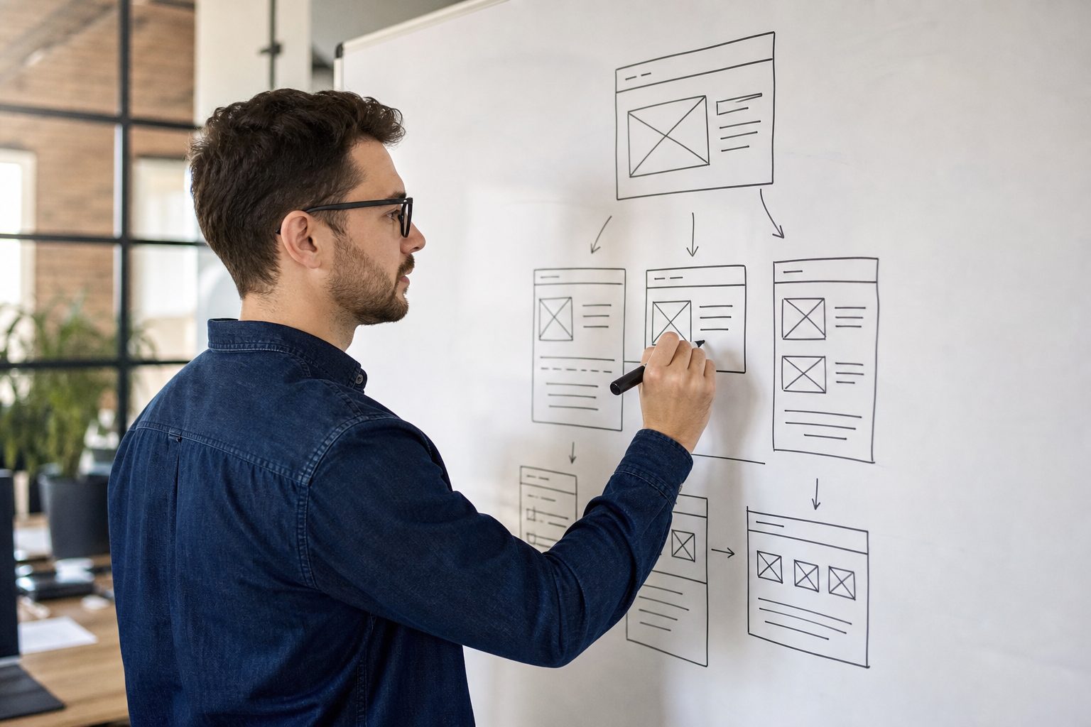 Web developer sketching a website structure diagram for an AEO-ready site build