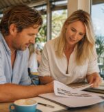 Two Gold Coast business owners comparing web design agency proposals in a beachside cafe